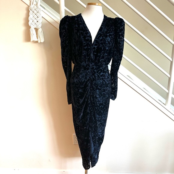 NWT RONNY KOBO Astrid Blue Velvet Burnout Plunge Neck Long Sleeve Midi Dress Lge - Picture 3 of 17